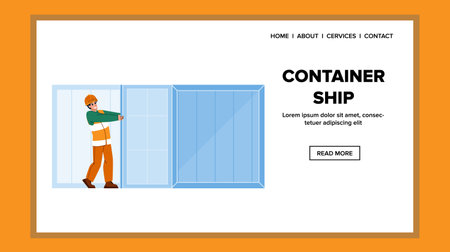 container ship vector. cargo transport, industry ship, export sea, vessel freight, import port, logistic trade boat container ship character. people flat cartoon illustrationのイラスト素材