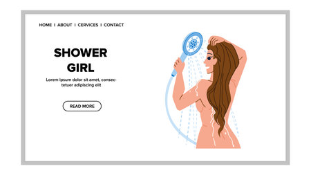 shower girl vector. woman bathroom, bath body, skin wash shower girl web flat cartoon illustrationのイラスト素材
