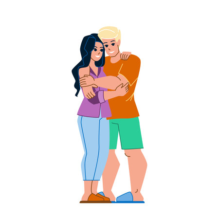 couple embracing vector. woman man love, happy hug, romantic home, young smile together couple embracing character. people flat cartoon illustrationのイラスト素材