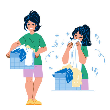 laundry clean woman vector. happy smell home, young housewife, fresh household basket laundry clean woman character. people flat cartoon illustrationのイラスト素材