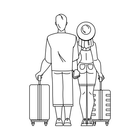 couple airport line pencil drawing vector. travel man woman, vacation suitcase, flight journey, happy tourist, airplane luggage couple airport character. people Illustrationのイラスト素材