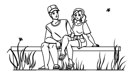 couple enjoying line pencil drawing vector. love happy man, woman lifestyle, relationship leisure, together family, summer couple enjoying character. people Illustrationのイラスト素材