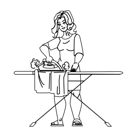 woman iron line pencil drawing vector. laundry home, household board, clean clothes woman iron character. people Illustrationのイラスト素材