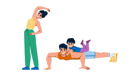 family exercise vector. together happy, child healthy, mother fitness, parent sport, father active, girl female, workout health family exercise character. people flat cartoon illustrationのイラスト素材