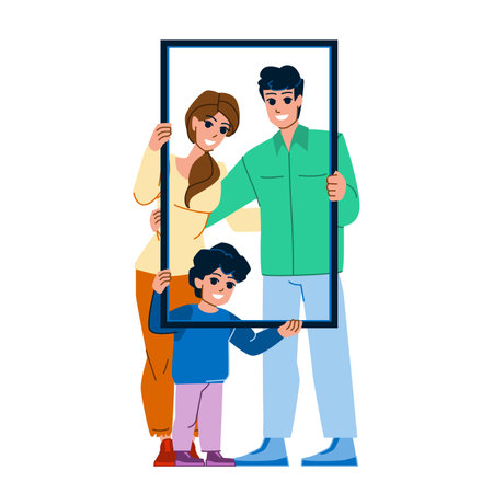 family portrait vector. happy child, father mother, man girl, woman young, love daughter, together fun, kid dad, female happiness family portrait character. people flat cartoon illustrationのイラスト素材