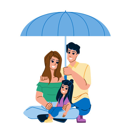 family umbrella vector. happy daughter, child kid, girl rain, woman summer, mother protection, father nature, happiness, young family umbrella character. people flat cartoon illustrationのイラスト素材