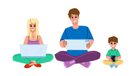 family using technology vector. father mother, using home, internet technology, tablet child, computer girl, together laptop, family using technology character. people flat cartoon illustrationのイラスト素材