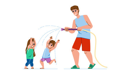 family yard vector. garden happy, summer outdoors, man nature, cheerful backyard, home fun, house happiness, children boy girl family yard character. people flat cartoon illustrationのイラスト素材