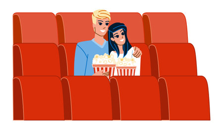 couple cinema vector. movie theater watching, audience young, film man woman, lifestyle spectator, happy girl auditorium couple cinema character. people flat cartoon illustrationのイラスト素材