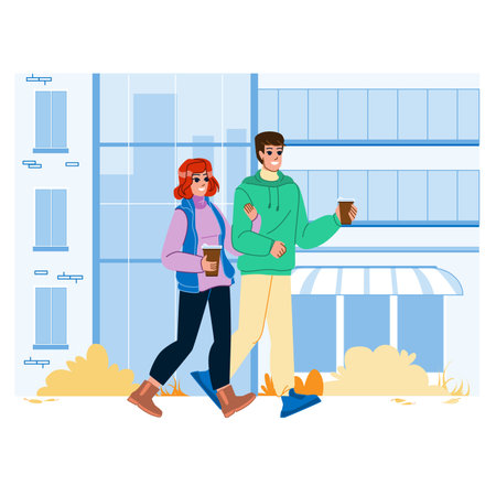 couple city vector. street relationship, romance happiness, fun cheerful, caucasian outdoors, happy woman, lifestyle man, boyfriend couple city character. people flat cartoon illustrationのイラスト素材