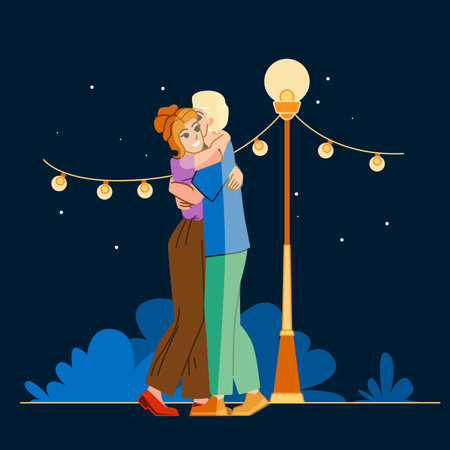 couple night vector. love romance, woman man, young together, night romantic, relationship female, two happy, girl boyfriend couple night character. people flat cartoon illustrationのイラスト素材