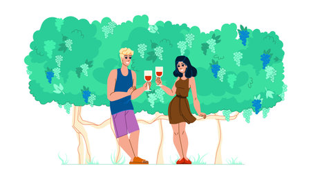 couple vineyard vector. winery wine, happy female, man nature, outdoor woman, food agriculture, caucasian joy, person landscape couple vineyard character. people flat cartoon illustrationのイラスト素材