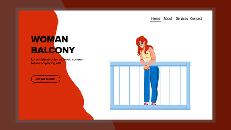 woman balcony vector. home relax, life happy, female balcony, lifestyle person, adult terrace, girl apartment, young woman balcony web flat cartoon illustrationのイラスト素材