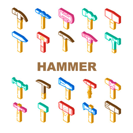 hammer tool construction icons set vector. carpentry wood, equipment work, metal repair, mallet carpenter court, hand hammer tool construction isometric sign illustrationsのイラスト素材