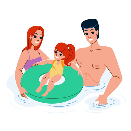 family pool vector. summer happy, vacation fun, water holiday, mother child, father, girl children family pool character. people flat cartoon illustrationのイラスト素材