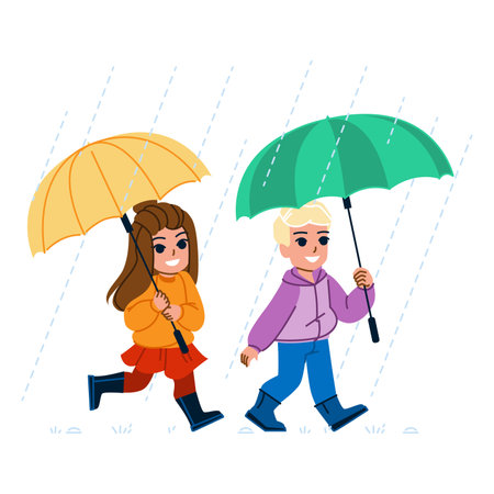 kid umbrella vector. rain child, cute girl, happy weather, autumn boy, season young, children rainy kid umbrella character. people flat cartoon illustrationのイラスト素材