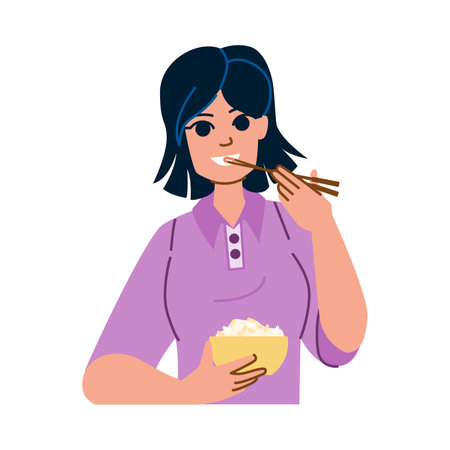 rice eating vector. food asian, dinner healthy, diet cuisine, meal nutrition, grain organic ingredient rice eating character. people flat cartoon illustrationのイラスト素材