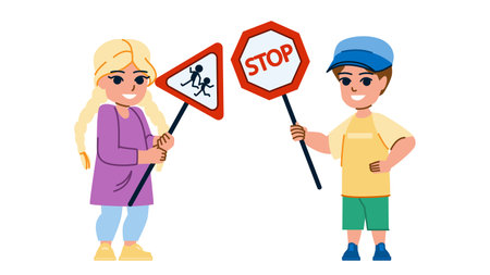 road sign kid vector. traffic boy, safety car, school street, children caucasian, light child, childhood road sign kid character. people flat cartoon illustrationのイラスト素材