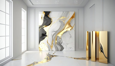 white gold empty room. design wall, background interior, modern light, space floor, luxury golden, frame home white gold empty room ai generated illustrationの素材