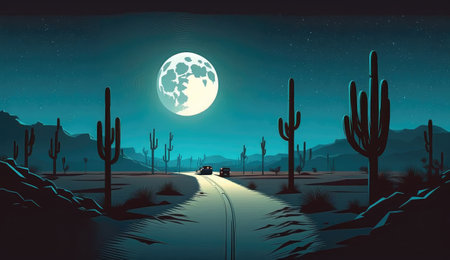 night desert landscape road. sky nature, dark travel, scenic mountain, background star, way stars, galaxy space night desert landscape road ai generated illustrationの素材