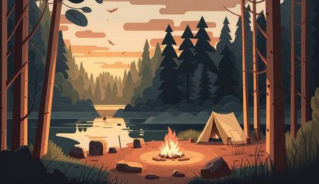 summer camp bonfire. fire nature, night forest, outdoor picnic, group tent, happy vacation summer camp bonfire ai generated illustrationの素材