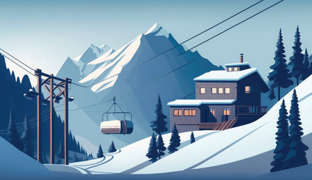 winter mountain landscape houses funicular. snow nature, snowy cold, travel house, view sky, hill night winter mountain landscape houses funicular ai generated illustrationの素材