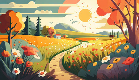 rustic landscape meadow rural. background hill, green nature, land agriculture, summer country, scenery farm rustic landscape meadow rural ai generated illustrationの素材
