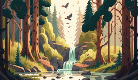 summer forest landscape cascade waterfall. water nature, stream river, tree mountain, green spring, fall beautiful summer forest landscape cascade waterfall ai generated illustrationの素材