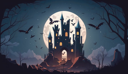 creepy castle on rock at night. fantasy dark, night scary, background halloween, landscape fortress, medieval creepy castle on rock at night ai generated illustrationの素材
