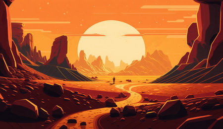 mars surface alien planet landscape. red desert, sky sand, view nature, mountain ground, rock scenery mars surface alien planet landscape ai generated illustrationの素材