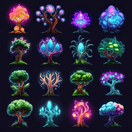 forest game magic tree ai generated. landscape fairy, fantastic beautiful, scene grass forest game magic tree illustrationの素材