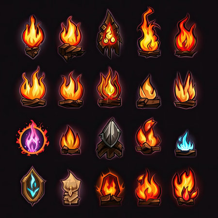 element game fire flame ai generated. explosion effect, orange symbol, design icon element game fire flame illustrationの素材