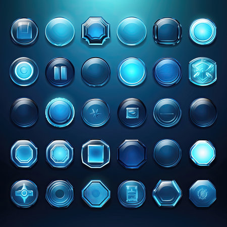 glossy blue glass button ai generated. web background, shiny symbol, shape internet glossy blue glass button illustrationの素材