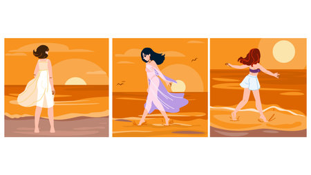 sea woman sunset beach vectorのイラスト素材