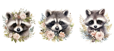 baby cute raccoon floral watercolor ai generated. wildlife woodland, forest nursery, bear design baby cute raccoon floral watercolor illustrationの素材
