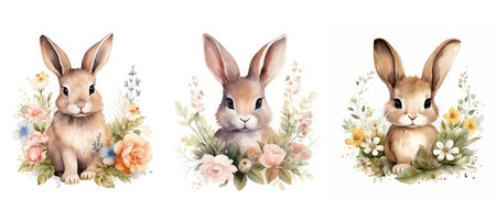 bunny cute hare floral watercolor ai generated. rabbit background, card happy, spring egg bunny cute hare floral watercolor illustrationの素材