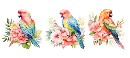 bird cute parrot floral watercolor ai generated. drawing nature, jungle macaw, summer background bird cute parrot floral watercolor illustrationの素材