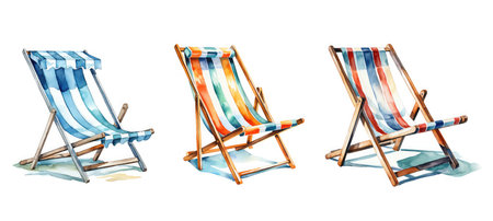 travel summer beach chair watercolor ai generated. vacation sea, ocean holiday, water blue travel summer beach chair watercolor illustrationの素材