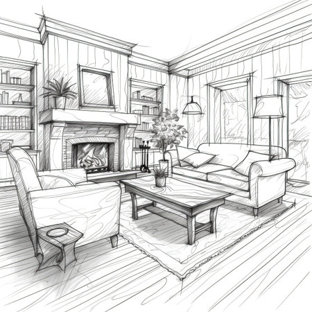 design cozy living room fireplace ai generated. decor home, floor carpet, furniture new design cozy living room fireplace illustrationの素材