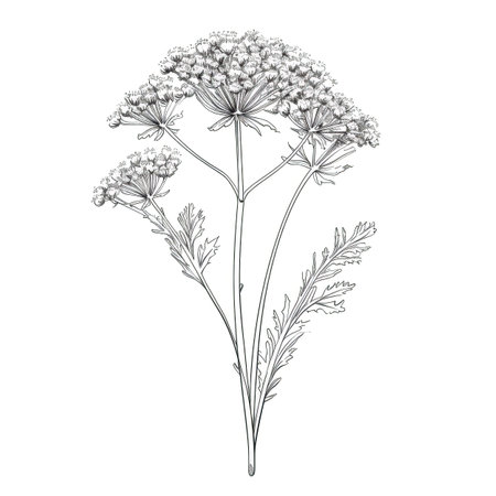 flower yarrow ai generated. achillea plant, leaf garden, black drawn flower yarrow illustrationの素材