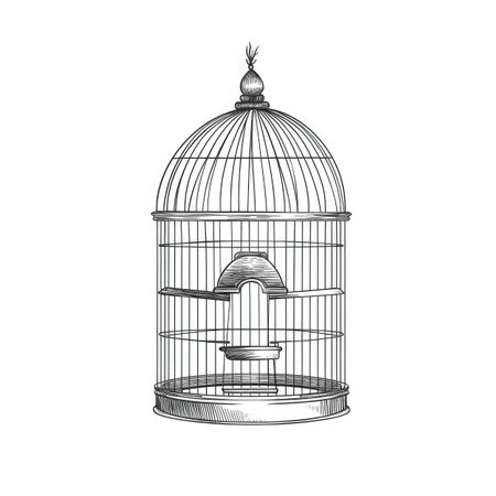open birdcage ai generated. vintage silhouette, escape line, door prison open birdcage illustrationの素材