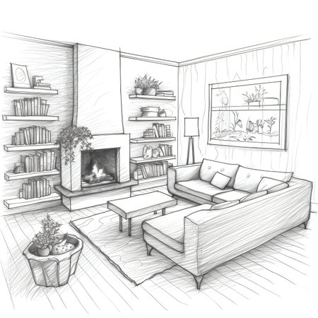 modern cozy living room fireplace ai generated. house design, decor home, floor carpet modern cozy living room fireplace illustrationの素材