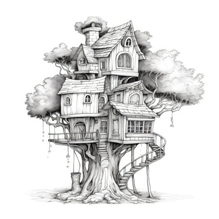 background whimsical treehouse ai generated. summer nature, wood tree, landscape home background whimsical treehouse illustrationの素材