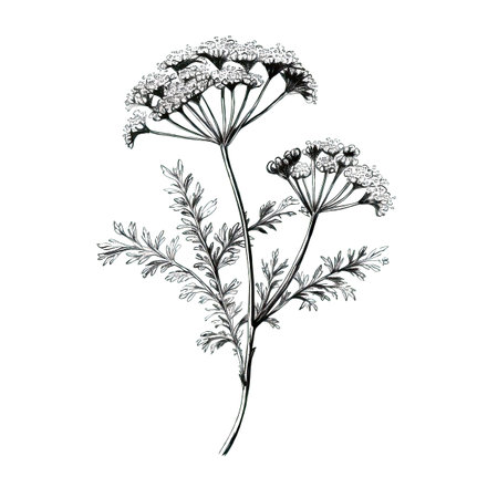 plant yarrow ai generated. leaf garden, black drawn, engraving herb plant yarrow illustrationの素材