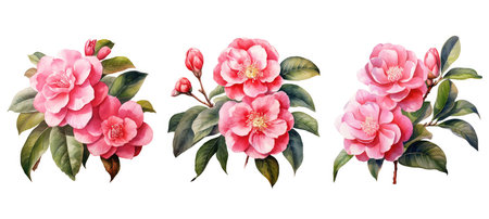 botanical camellia flowers watercolor ai generated. blossom leaf, invitation petal, decoration bouquet botanical camellia flowers watercolor illustrationの素材