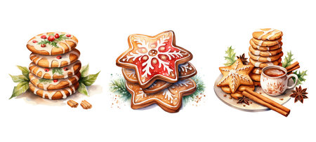 food christmas cookies watercolor ai generated. gingerbread ginger, traditional winter, star celebration food christmas cookies watercolor illustrationの素材