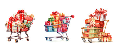 celebration christmas watercolor presents cart watercolor ai generated. holiday present, new merry, vintage card celebration christmas watercolor presents cart watercolor illustrationの素材