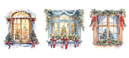 winter christmas window watercolor ai generated. tree snow, card holiday, invitation season winter christmas window watercolor illustrationの素材