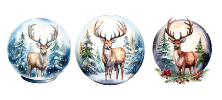 winter christmas globe with deer watercolor ai generated. happy holiday, snow celebration, snowflake new winter christmas globe with deer watercolor illustrationの素材