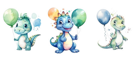 animal cute dino with air balloon watercolor ai generated. design print, sky kids, character saur animal cute dino with air balloon watercolor illustrationの素材